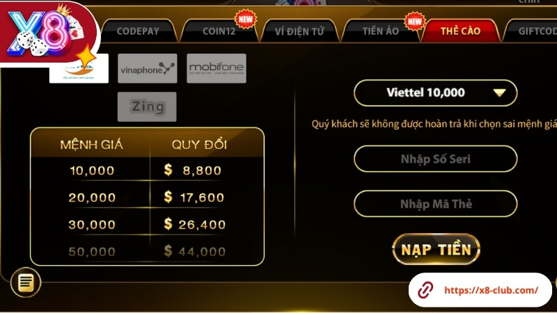 Nạp tiền X8 Club bằng Thẻ cào Nạp tiền X8 Club bằng Thẻ cào