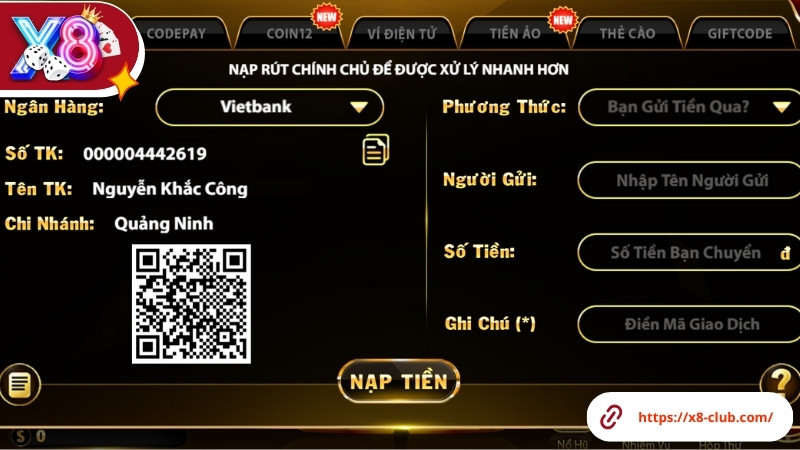 Nạp tiền X8 Club qua Ngân hàng Nạp tiền X8 Club qua Ngân hàng