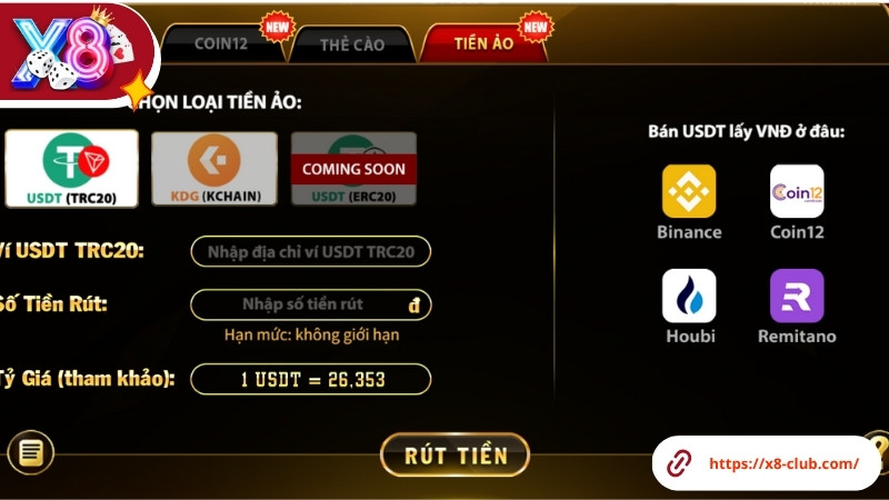 Rút tiền X8 Club bằng tiền ảo Rút tiền X8 Club bằng tiền ảo